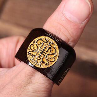 藏式黑驴蹄子扳指文玩指环男士大拇指鎏金印记满鱼籽扳子竹丝纹
