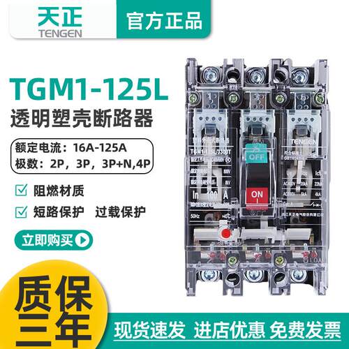 TENGEN天正电气TGM1-125L/3300T100A塑壳断路器工地开关透明外壳