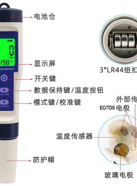 高精度水质盐度计PH/TDS/EC/盐度/水温水产养殖鱼缸水质检测笔