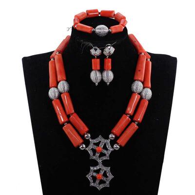 Nigerian Wedding African Red Coral Beads Jewelry Set Costume