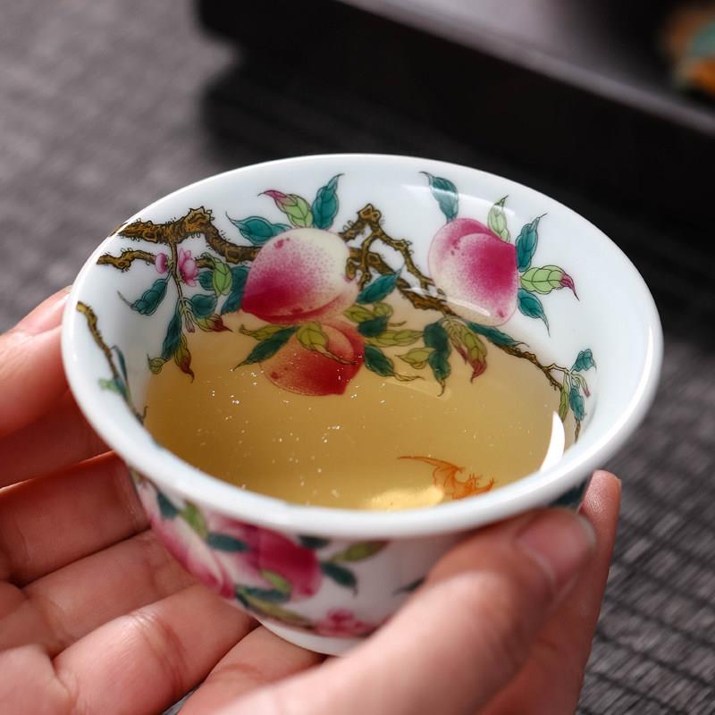 手工内绘九桃五福寿桃主人杯彷古珐瑯彩过墙牡丹压手杯卧足杯茶杯