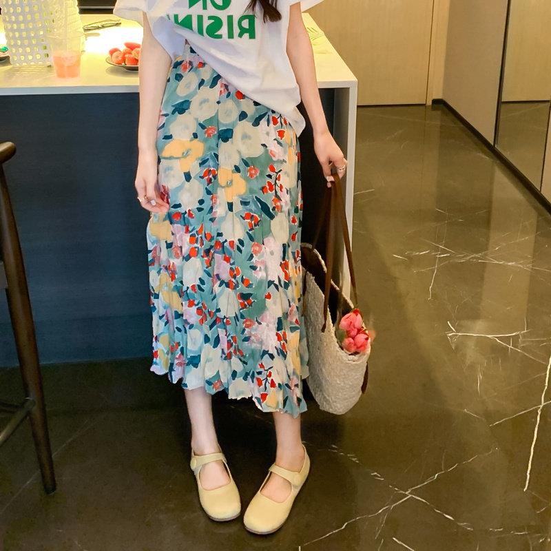 法国Rixo Kelly油画碎花半身裙女皱褶半裙高腰显瘦遮跨a字裙长裙