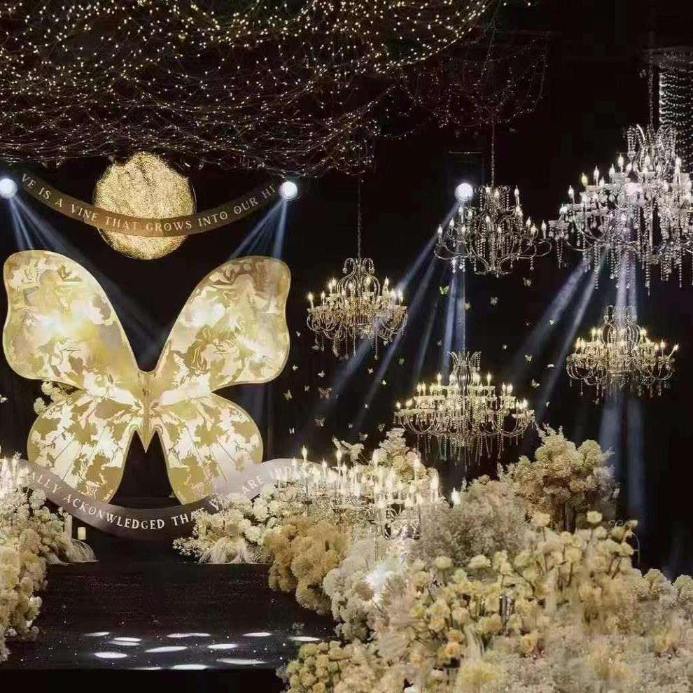 婚礼堂道具蝴蝶翅膀挂件背景装饰婚庆舞台铁艺路引摆件俩用背景