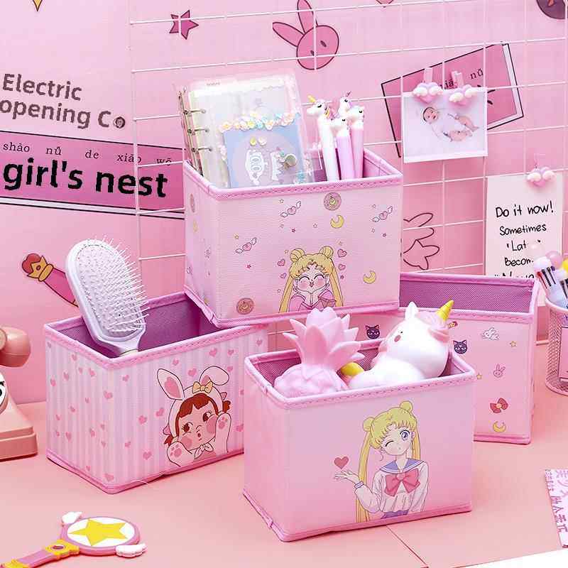 中午爱女孩心Pu皮革粉红色可折叠收纳盒可爱的卡通桌面碎片整理收,收纳整理,桌面收纳盒,淘宝优惠券,粉丝福利购,淘宝优惠卷
