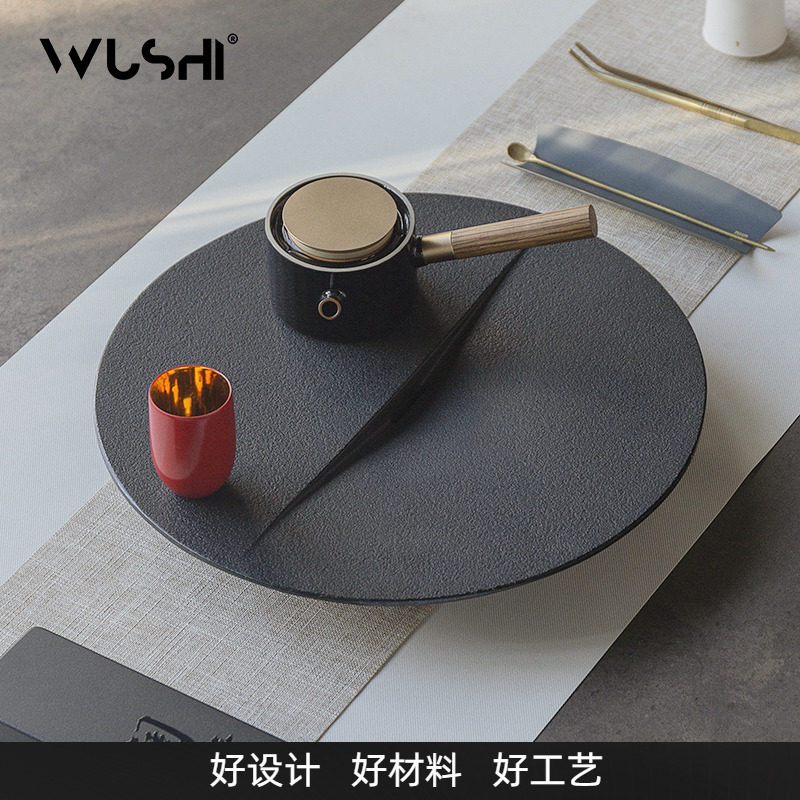 86M0小型黑金石茶盘储水式家用轻奢现代茶具托盘圆茶台茶海茶几干