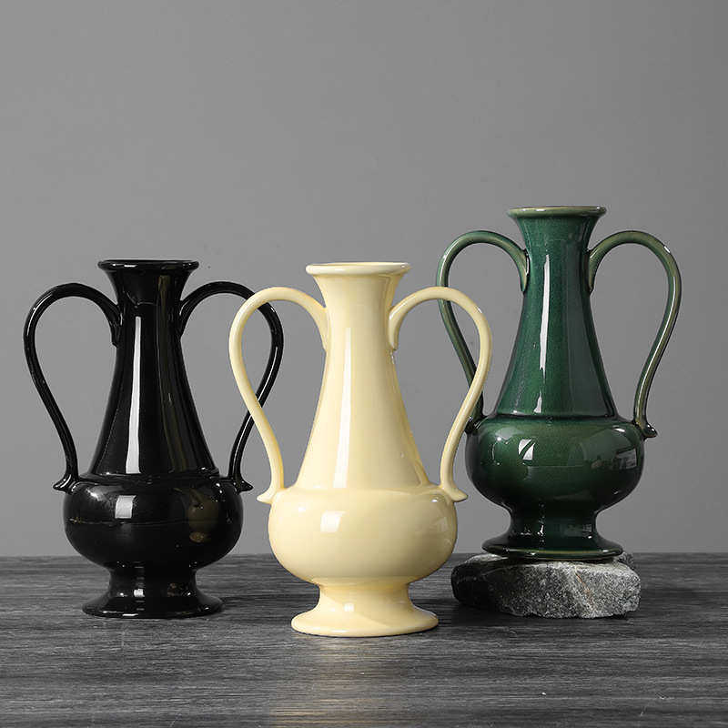 复古轻奢祖母绿陶瓷双耳花瓶 北欧ins风插花花器桌面摆件工艺品,家居饰品,花瓶,淘宝优惠券,粉丝福利购,淘宝优惠卷