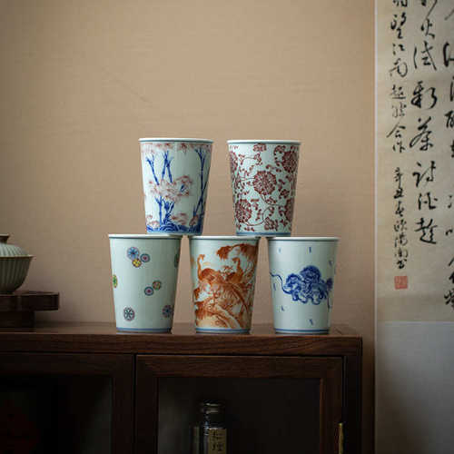 仿古青古彩陶瓷可乐杯仿古青花大号主人杯茶杯大容量手握水杯子