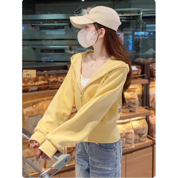 专柜黄色正肩短款外套女2025新款早秋季连帽收腰高腰卫衣拉炼开衫