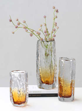 插花轻玻璃器厚重加厚方口家居奢透明简约花瓶渐变花浮雕工艺品