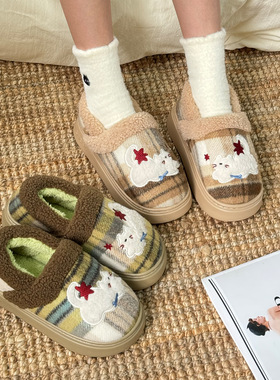 卡通小狗棉鞋情侣款秋冬季新款刺绣家用加绒加厚保暖全包棉拖鞋