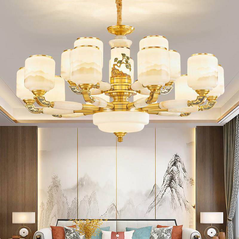 新中式全铜玉石吊灯客厅灯古典中国风别墅饭厅覆式楼中楼大厅灯具