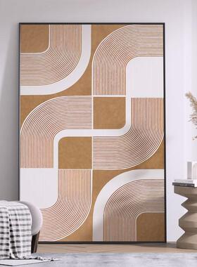 现代无障碍豪华客厅入口装饰画橙色抽象线条沙发背景墙挂画艺术餐