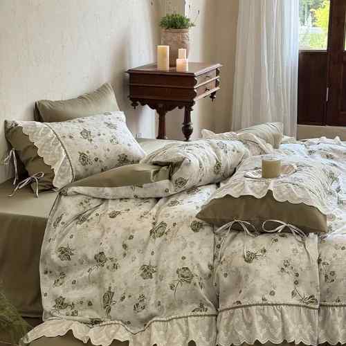 法式复古风全棉长绒棉四件套纯棉荷叶边被套舒适柔软裸睡床上用品