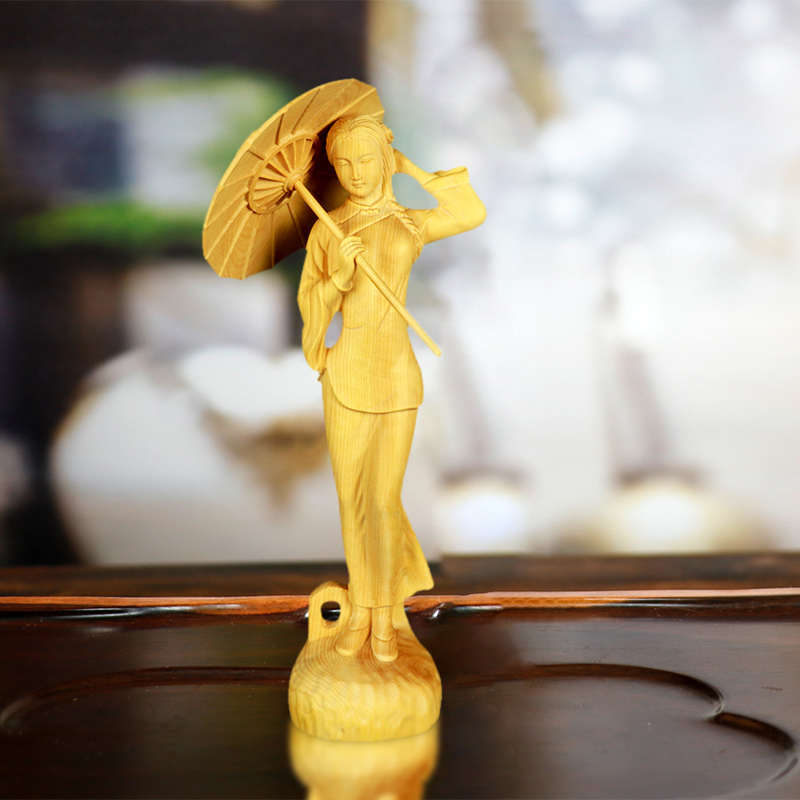 黄杨木雕撑伞美女摆件工艺品中式家居品木质人物手把玩件江南烟雨