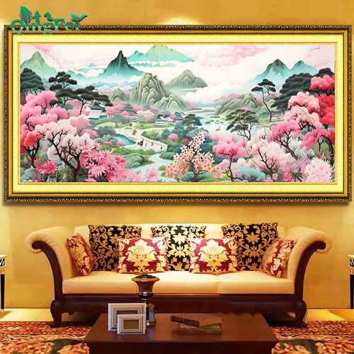 青飞精准印布桃源人家十字绣山水风景画新中式风客厅壁画手工刺绣