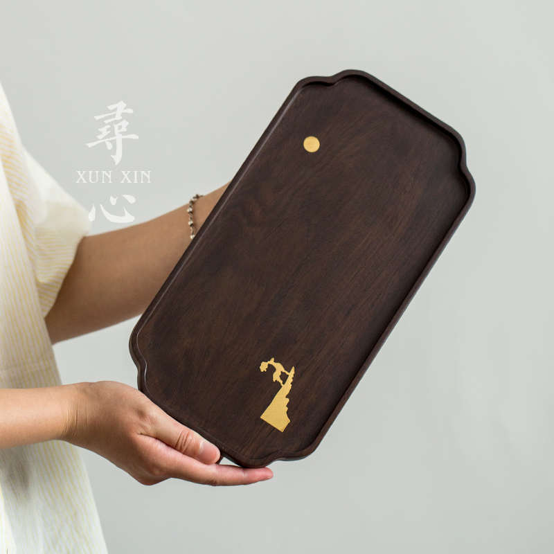 盘奉小茶托台茶具镶干中式家用茶承工夫壶茶盘茶盘实木黑檀木铜泡