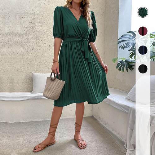 Women's lace up collar green dress