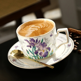 第五味高档简约法式鸢尾花陶瓷，咖啡杯碟套装家用精致下午茶杯带勺