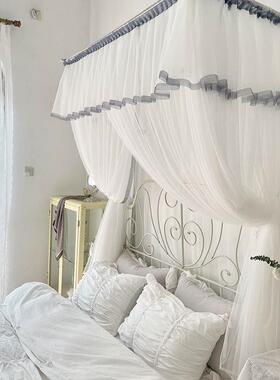 伸缩蚊帐白色日式床帘民宿客栈小清新纱幔落地式不锈钢家用2m导轨