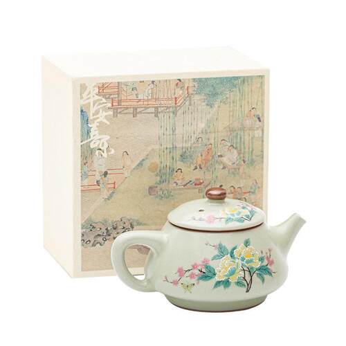中国风豆绿汝窑芙蓉花兰亭壶可养泡茶壶家用陶瓷功夫茶具防烫壶