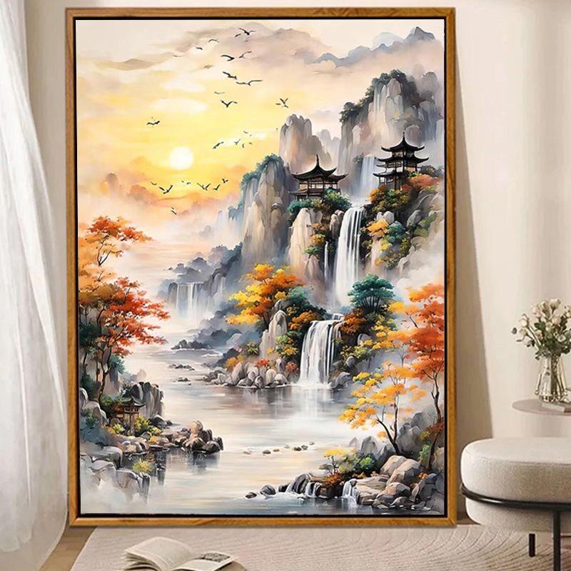 2025新款钻石画山水风景画满钻十字绣客厅玄关高级感5d砖石贴画
