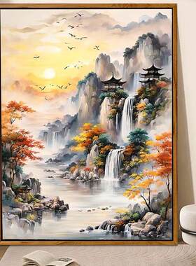 2025新款钻石画山水风景画满钻十字绣客厅玄关高级感5d砖石贴画