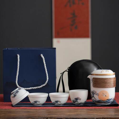 高档一唐社脂玉瓷旅行茶具小羊套行快杯壶四杯家用旅手提袋高端