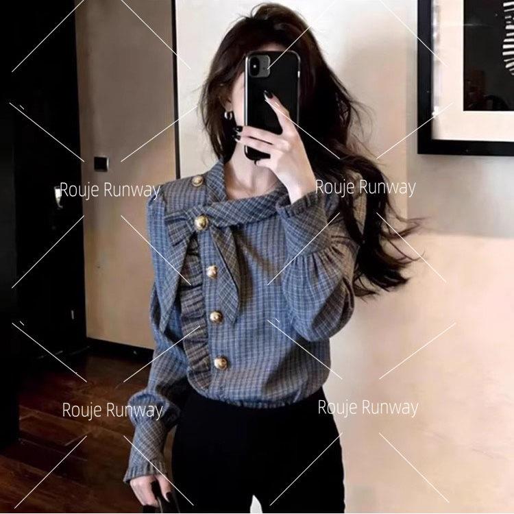 法式Rouje Runway复古不规则格子衬衫女新款休闲百搭叠穿长袖上衣
