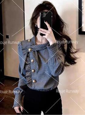 法式Rouje Runway复古不规则格子衬衫女新款休闲百搭叠穿长袖上衣