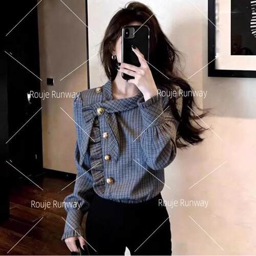 法式Rouje Runway复古不规则格子衬衫女新款休闲百搭叠穿长袖上衣