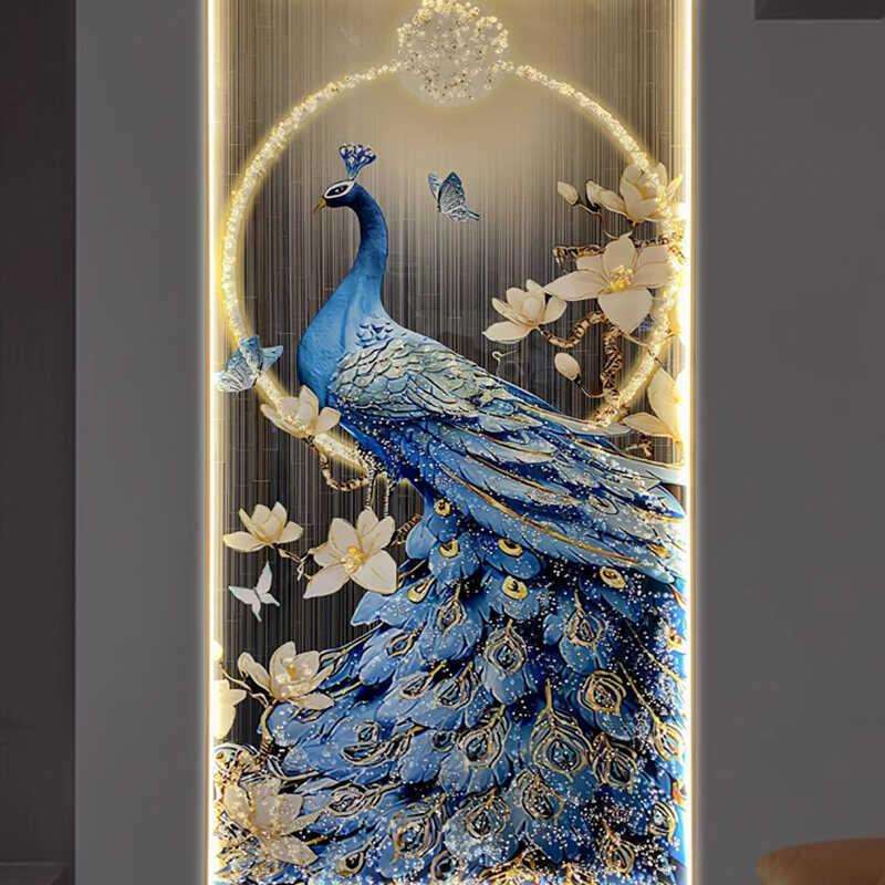 晶瓷镶钻装饰画客厅孔雀玄关过道走廊挂画新中式高档壁画led灯画