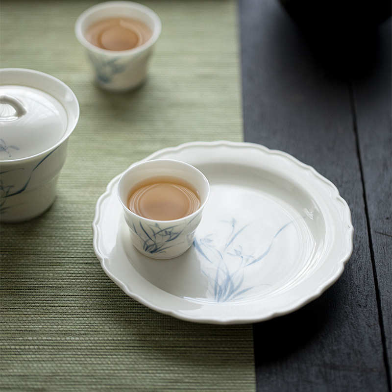 墨己手绘兰花花口壶承功夫茶具配件多用陶瓷盘干泡盘家用茶点盘