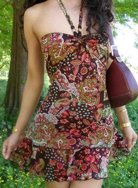 Vintage Ethnic Print Beaded Halter Dress, Slimming Vacation