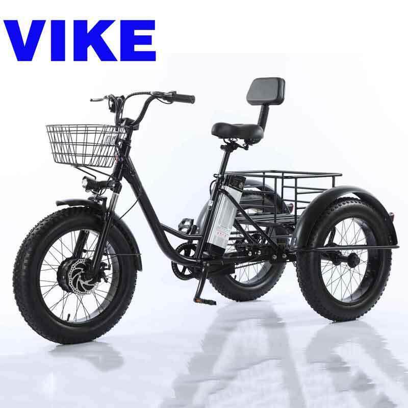 VIKE维克外贸跨境雪地宽胎锂电助力脚踩踏菜篮电动三轮自行车20寸