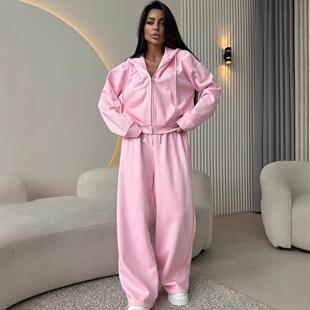 Women'S 2-Piece Set Ribbed Fall Lounge Sets Zip Up Hoodie