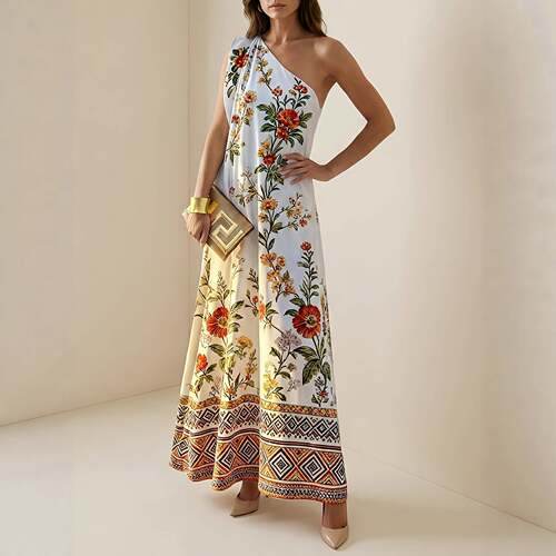 Women's New Spring Summer One-Shoulder A-Line Floral Maxi