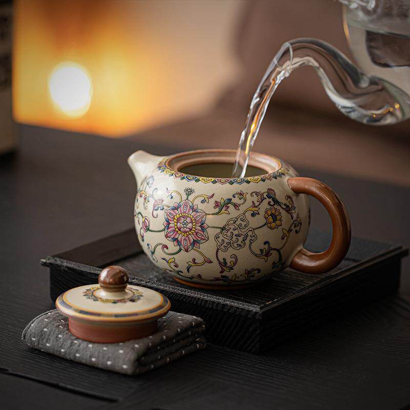 缠枝莲米黄汝窑茶具套装一壶二杯随身快客杯户外一整套汝窑工艺