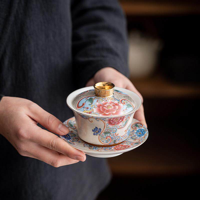 手工掐丝银三才盖碗茶杯家用陶瓷功夫茶具描金珐瑯彩泡茶碗礼盒装