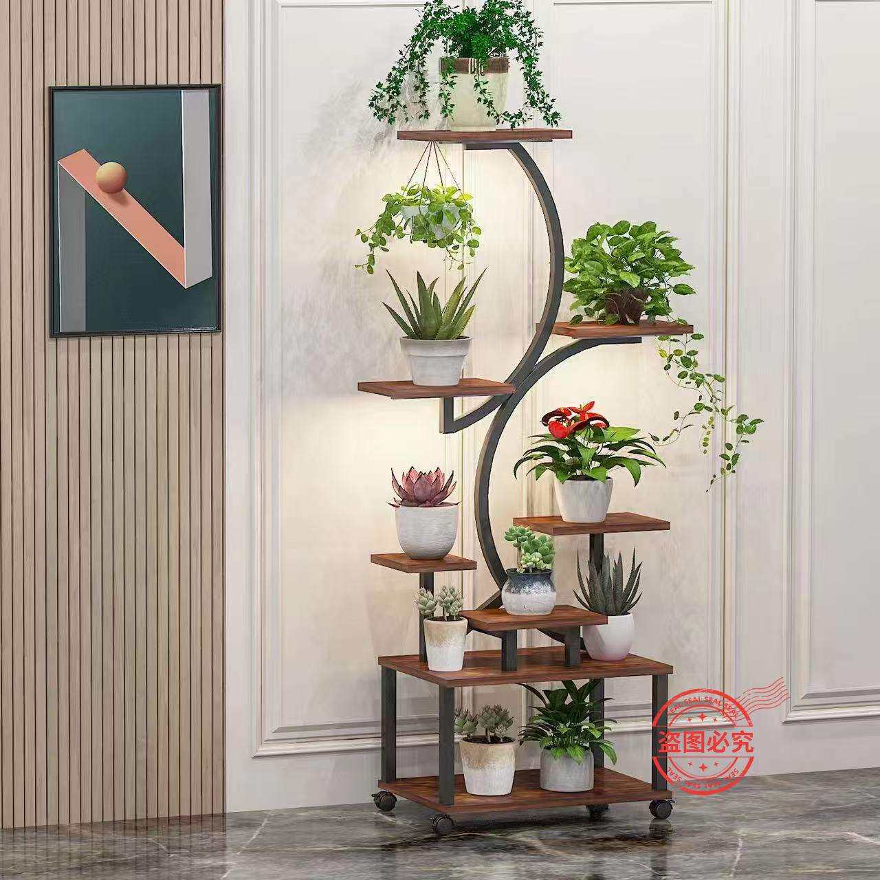 跨境室内花架带花盆植物灯落地式置物架拼接花架子多层铁木