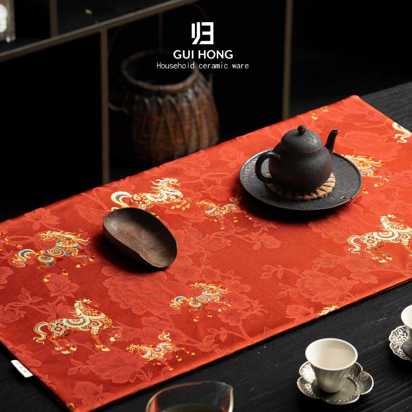 归鸿一马当先红织纹茶席中式骏马纹干泡席功夫茶具茶桌垫防水茶旗