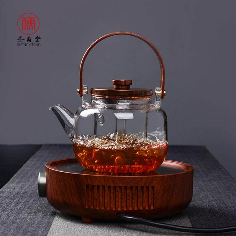 圣裔堂耐热玻璃蒸煮茶壶电陶炉煮茶器木盖家用提梁烧水壶套装送礼