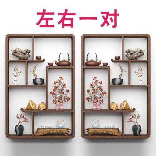 博古架实木新中式壁挂式茶壶展示架上墙置物架简约现代多宝阁隔断