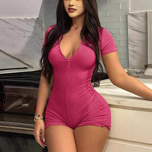 Deep V Zipper Short Sleeve Bodycon Jumpsuit, Womenswear,