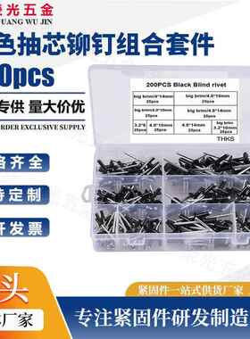 200pcs/盒装 铝制黑色银色抽芯铆钉 大小帽沿铝制拉铆钉组合套件