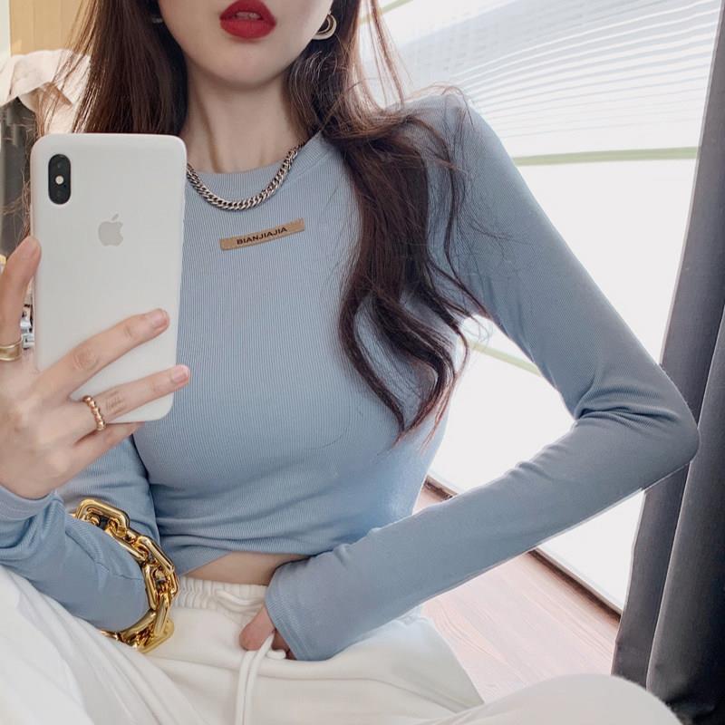 长袖T恤女秋季韩版性感紧身高腰内搭短款上衣洋气百搭圆领打底衫