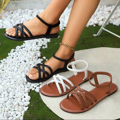 Large woven strap flat flat straight strap sandals for