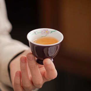 葡萄紫纯手绘海棠花釉下彩内绘陶瓷品茗杯家用小茶杯功夫茶具单杯