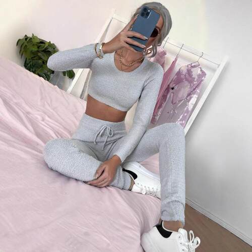 Women's plush home clothes long sleeved crop top long