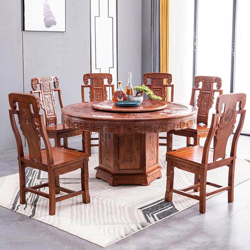 全实木餐桌椅组合中式明清彷古雕花圆形餐桌家用带转盘红木餐桌,住宅家具,实木餐桌,淘宝优惠券,粉丝福利购,淘宝优惠卷