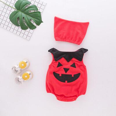 Halloween Baby Sleeveless Pumpkin Romper with Hat